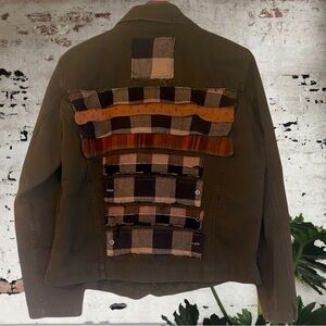 Upcycled plaid patched olive green dystopian post Apocalyptic jacket